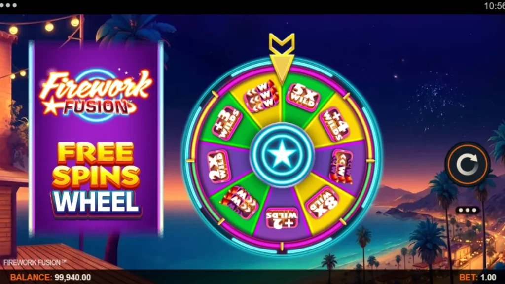 Tampilan visual slot Firework Fusion dengan tema karnaval pantai dan kembang api